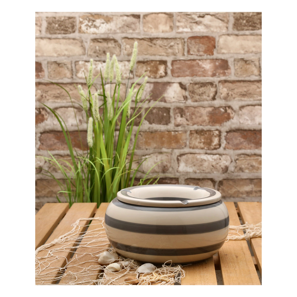 Sturmaschenbecher Mykonos M / XXL 23 cm Maritim grau weiß Aschenbecher gestreift