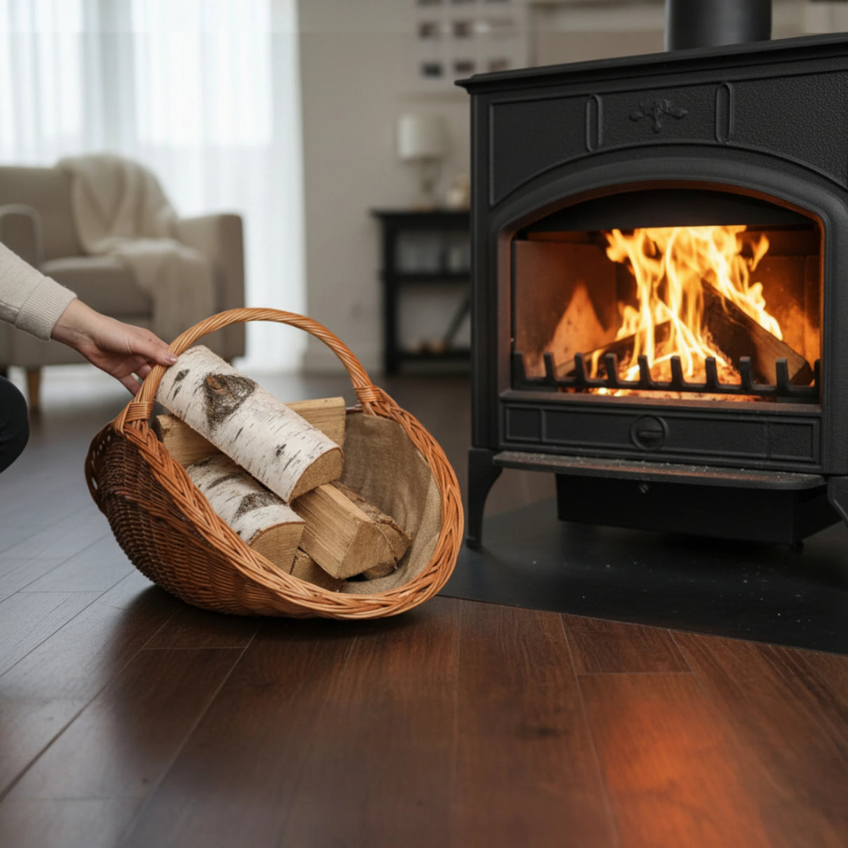 Kaminholzkorb mit Jute XXL Weidenkorb Holzkorb Holztrage 43x70 cm