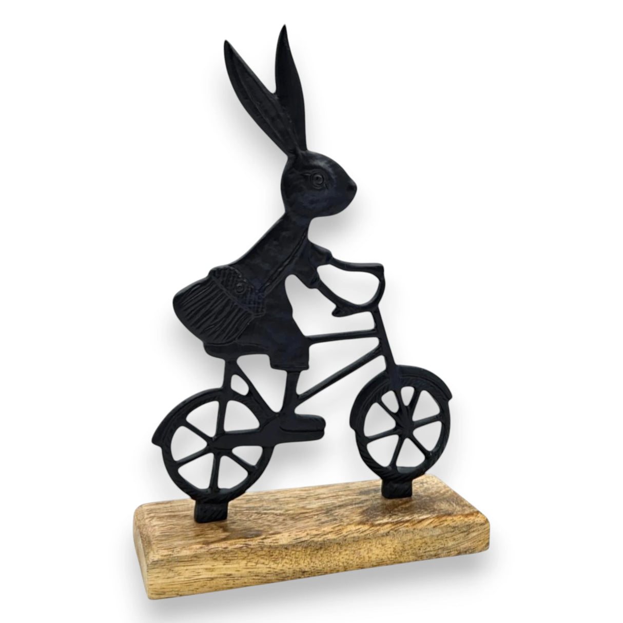 Osterhase schwarz mit Mangoholz Osterdekoration Hase Metallhase auf Fahrrad Riffelmacher