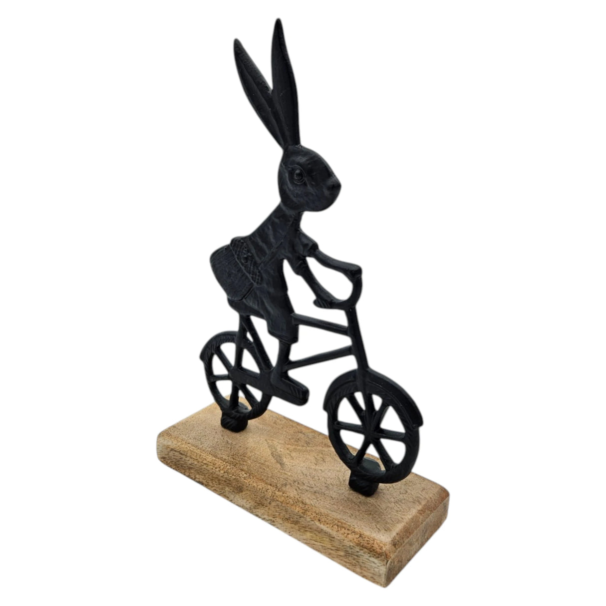 Osterhase schwarz mit Mangoholz Osterdekoration Hase Metallhase auf Fahrrad Riffelmacher