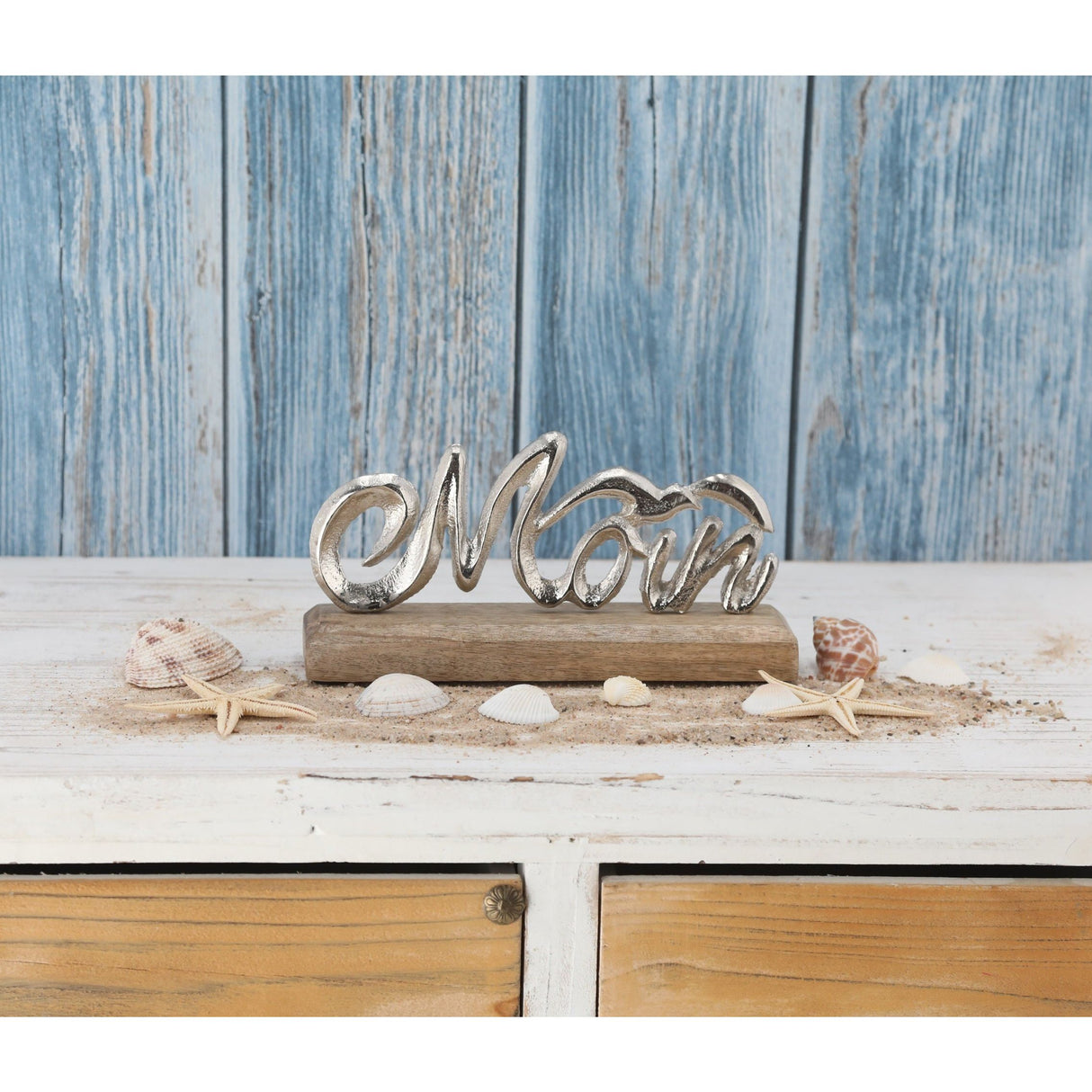 Schriftzug Moin Möwe Dekoschriftzug Mangoholz Aluminium Holz Silber 23x11x5 cm - Schriftzug