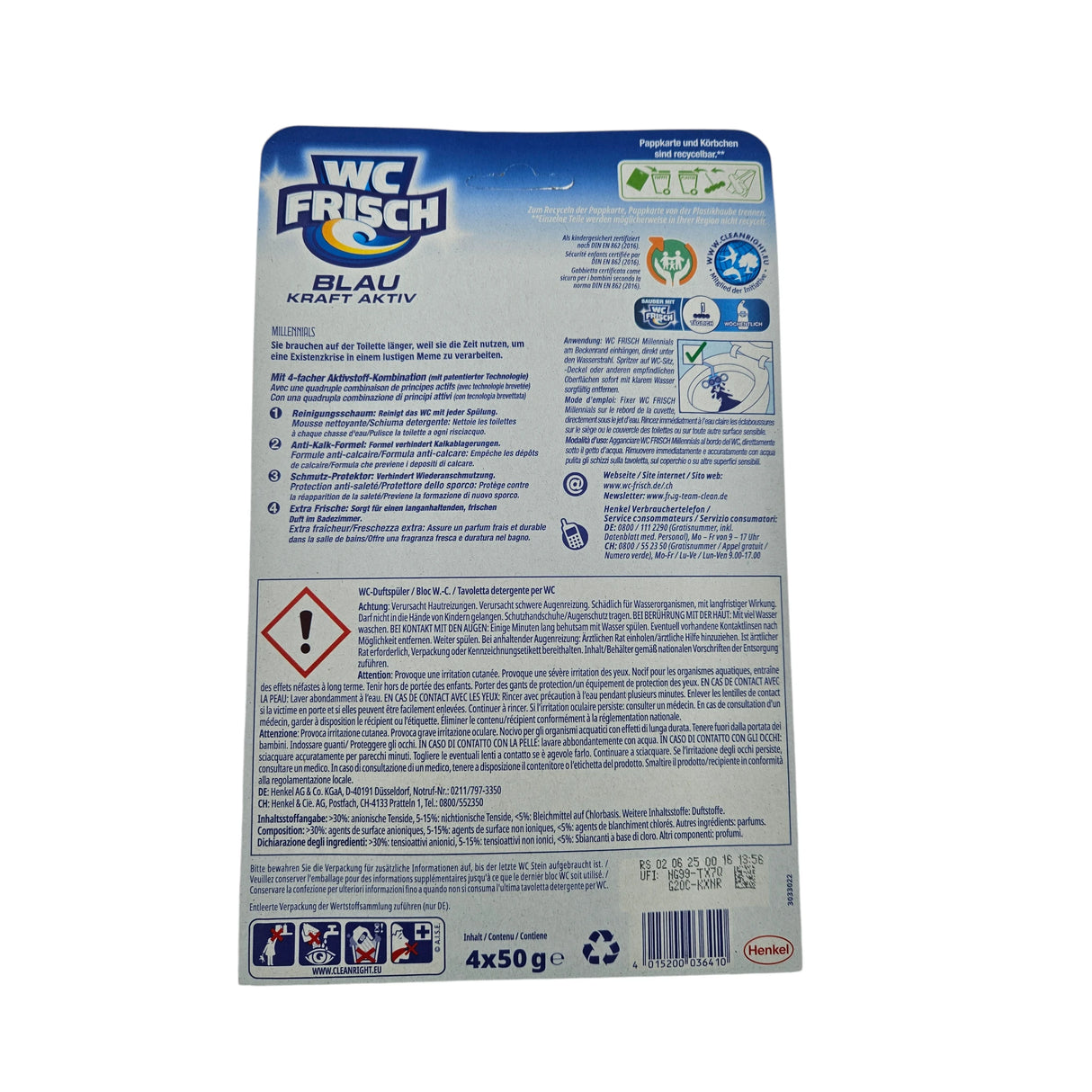 WC Frisch blau Kraft Aktiv 4er Set Wc Reiniger Tab Duftstein extra frische Toiletteneinhänger