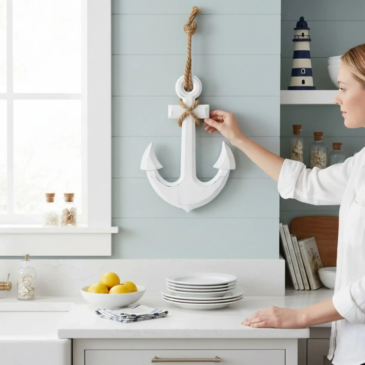 Anker Dekoanker Dekoration Maritim weiß Seil Tau 32x22 hängen Hochzeit Wandhaken - Anker