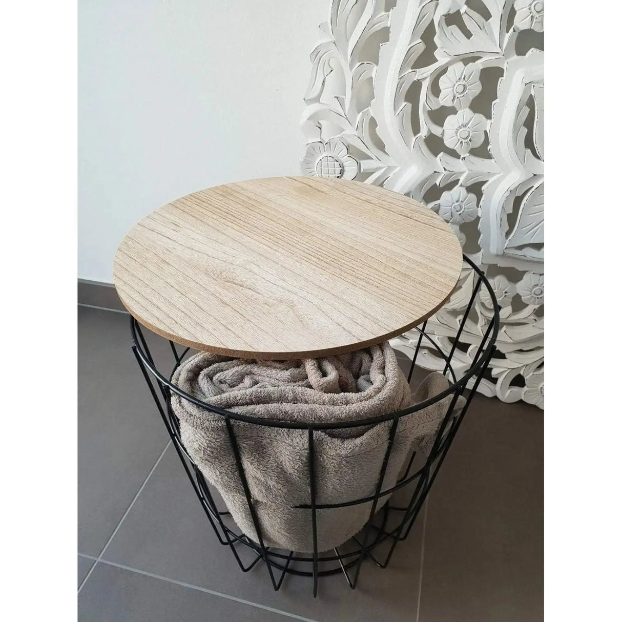 Beistelltisch Tisch mit Stauraum Ø 39 cm H=41 cm Metall/Holz Nachttisch Schwarz - Beistelltisch