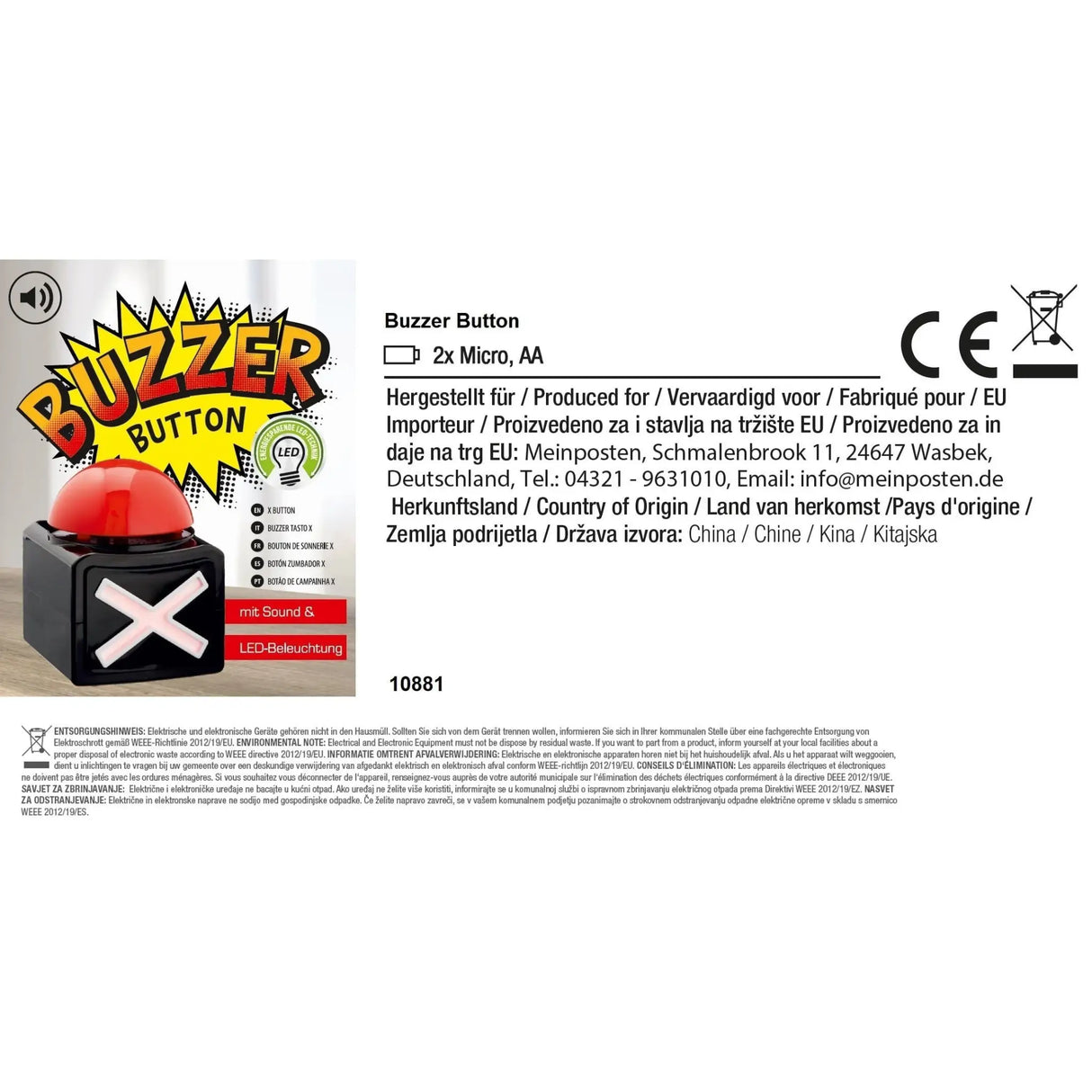 Buzzer mit Sound XL Button Alarmknopf Licht Quiz Quizspiel Party Spieleabend Duell - Buzzer