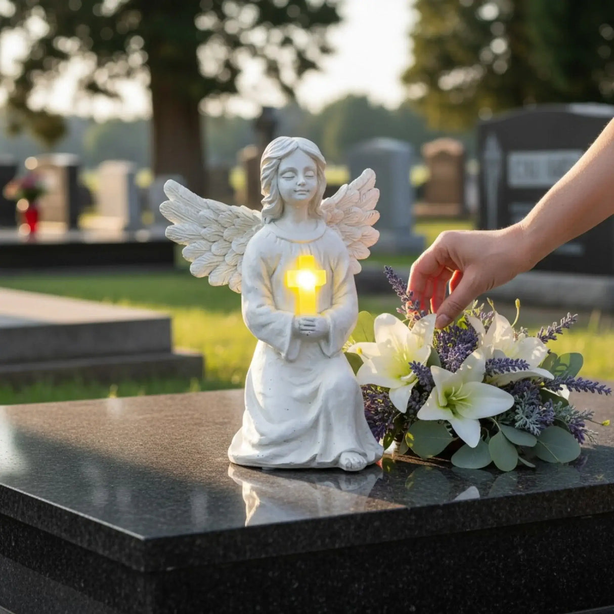 Engel Figur Gartendeko Solar Gartenfiguren Außen LED 22x16 Schutzengel Grab - Solarleuchte