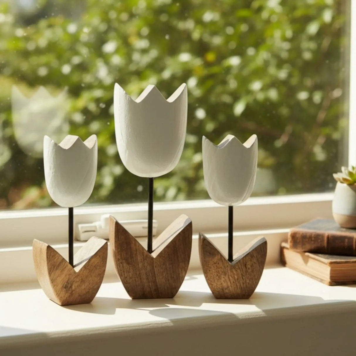 Holzblumen Dekoration aus Mangoholz 5er Set – Deko Blumen aus Holz 14–18 cm - Blumen