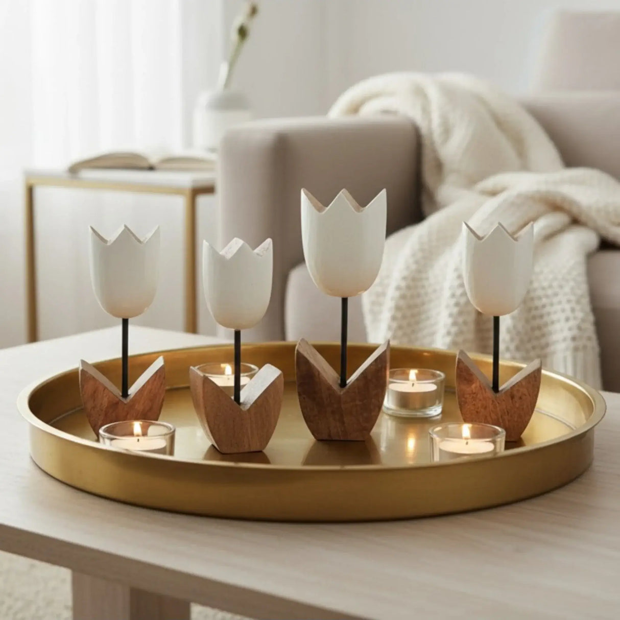 Holzblumen Dekoration aus Mangoholz 5er Set – Deko Blumen aus Holz 14–18 cm - Blumen