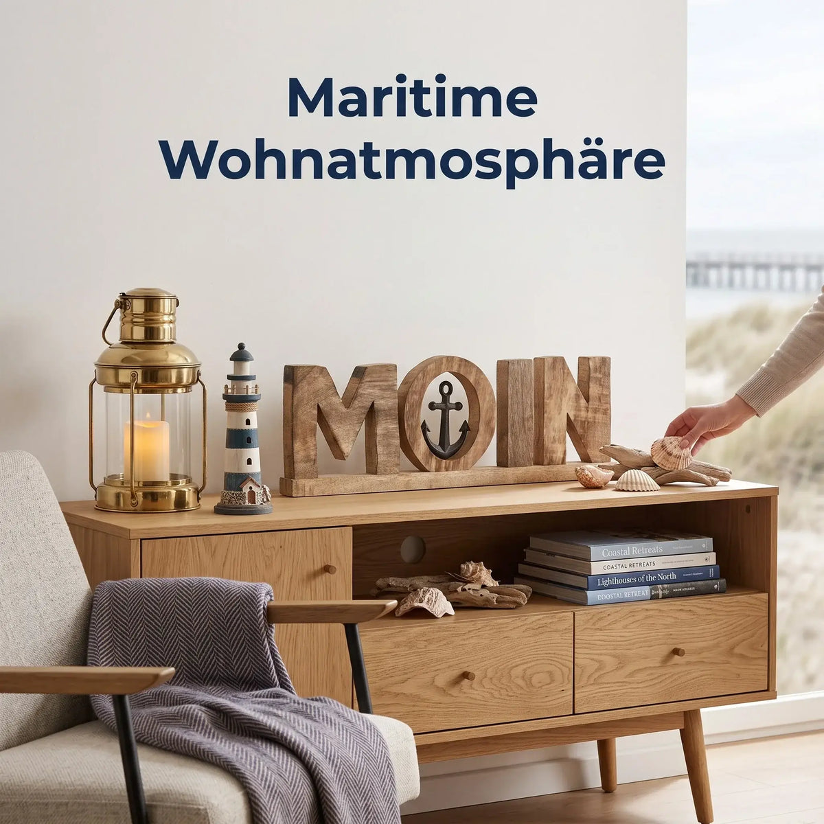 Moin Schriftzug 50 cm aus Mangoholz mit Anker – maritime Deko - Aufsteller
