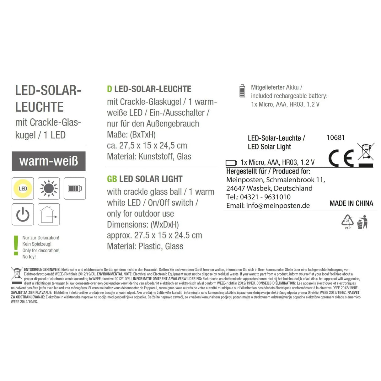 Solarleuchte MALI Solarlampe warmweiß Garten Balkon Laterne - Solarleuchte