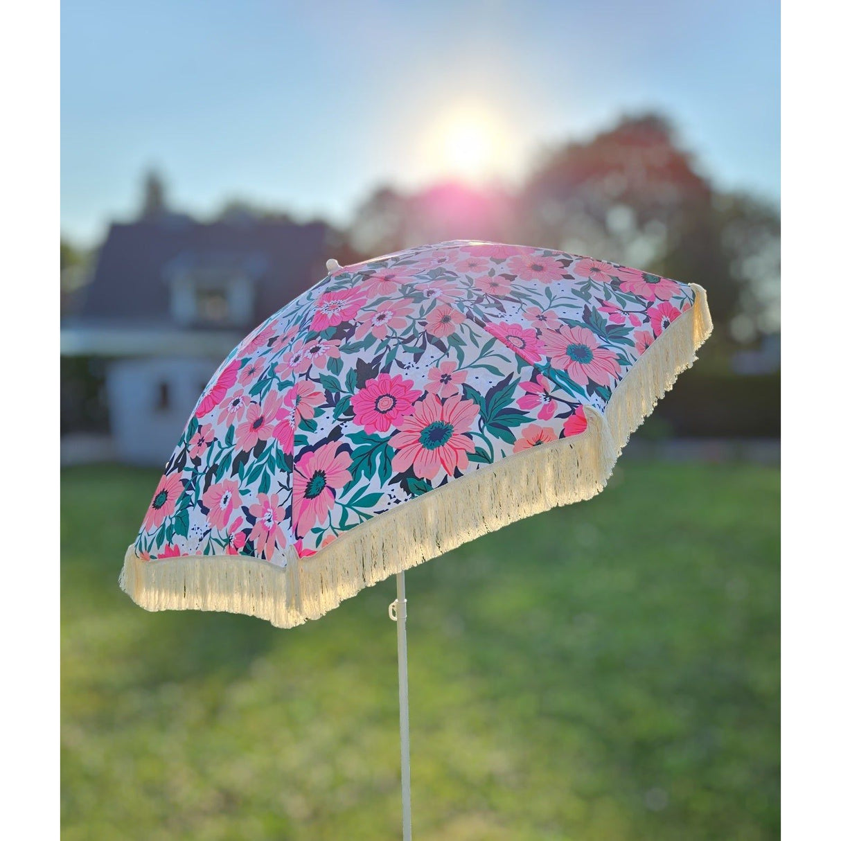 Sonnenschirm Strandschirm Schirm UV Schutz mit Tasche Fransen Blumen Ø 155 cm - Sonnenschirm