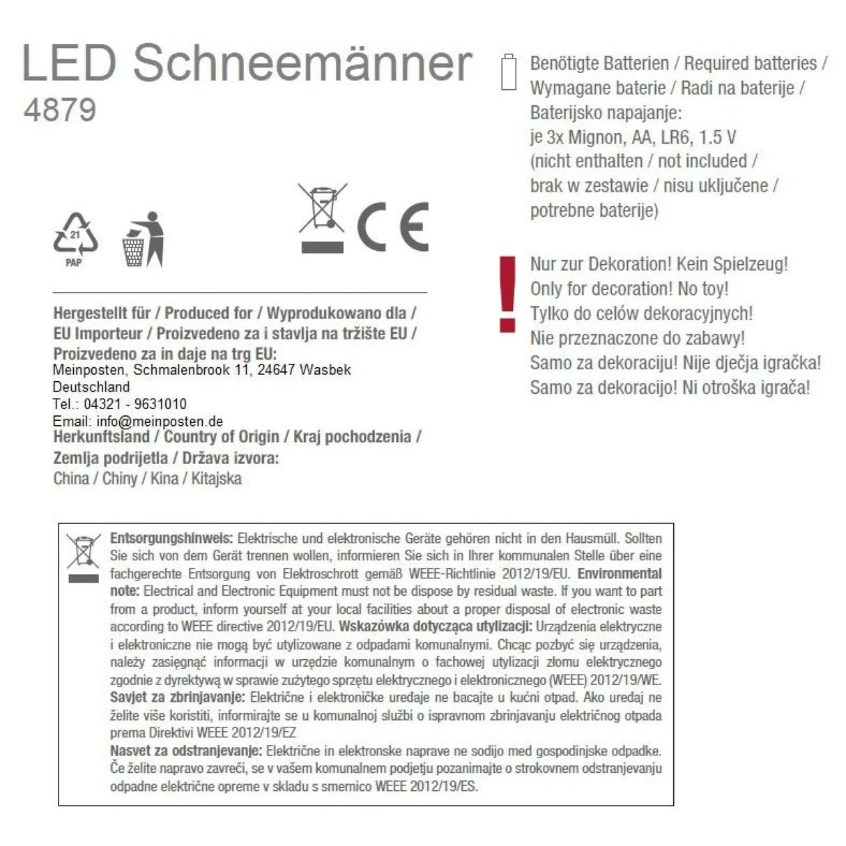 2x Schneemann mit LED bunter Schal & Mütze Höhe 20 cm Beleuchtung warmweiß - Weihnachtsbeleuchtung