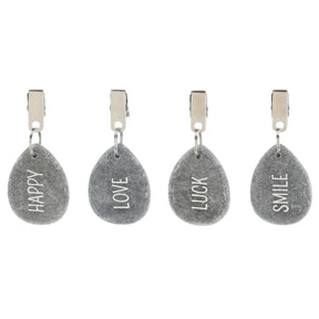 4er Set Tischdeckenbeschwerer grau Stein Love Luck Happy Smile Stahlclips 250 gr - Tischdeckenbeschwerer