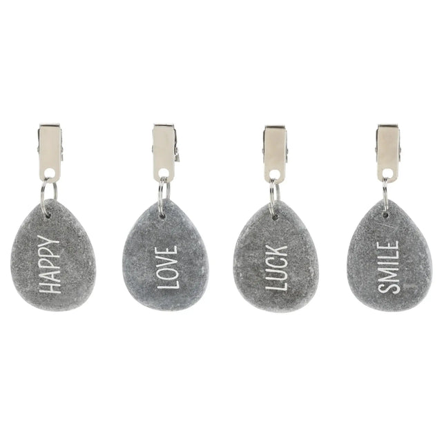 4er Set Tischdeckenbeschwerer grau Stein Love Luck Happy Smile Stahlclips 250 gr - Tischdeckenbeschwerer