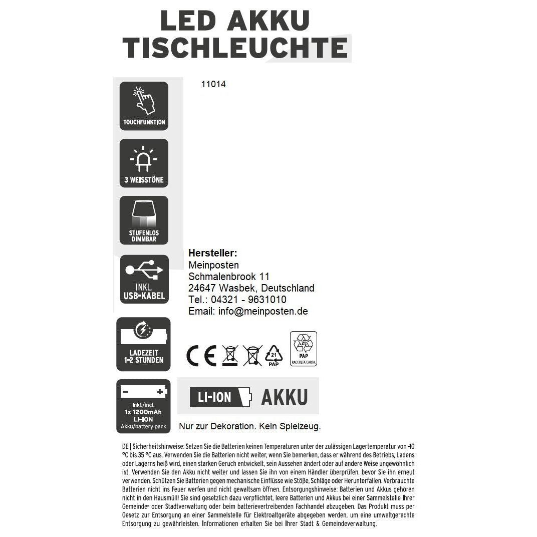 Lampe LED ohne Kabel Touch Tischleuchte Tischlampe Leuchte kabellos dimmbar