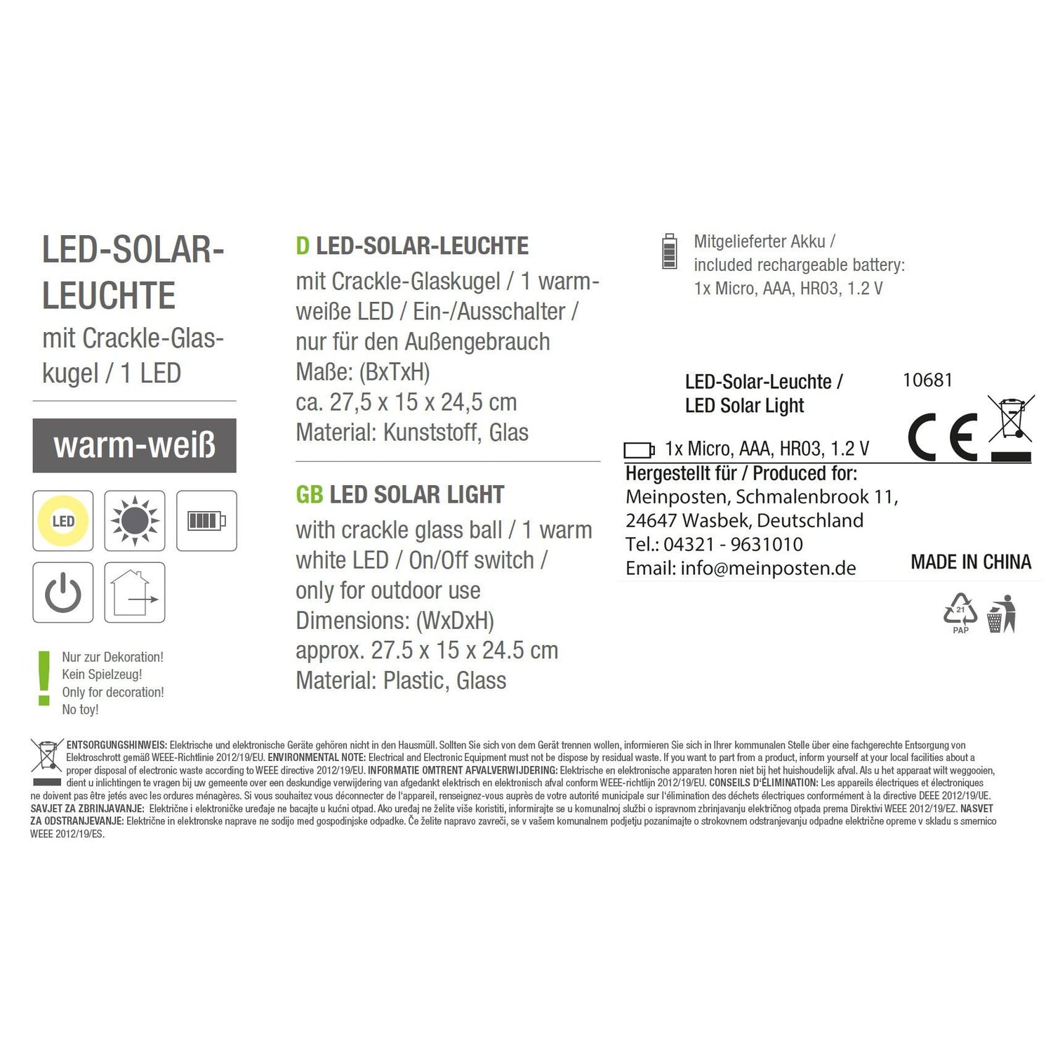 Solarleuchte MALI Solarlampe warmweiß Garten Balkon Laterne