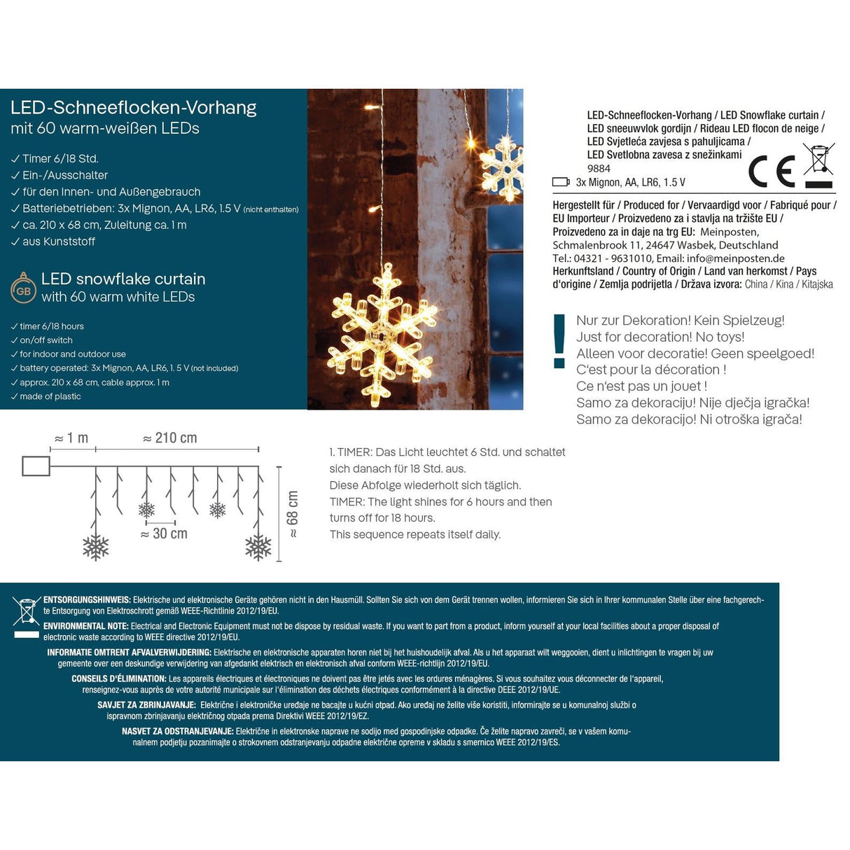 Lichterkette Lichtervorhang Schneeflocke LED Batterie Timer 210 cm Innen - außen