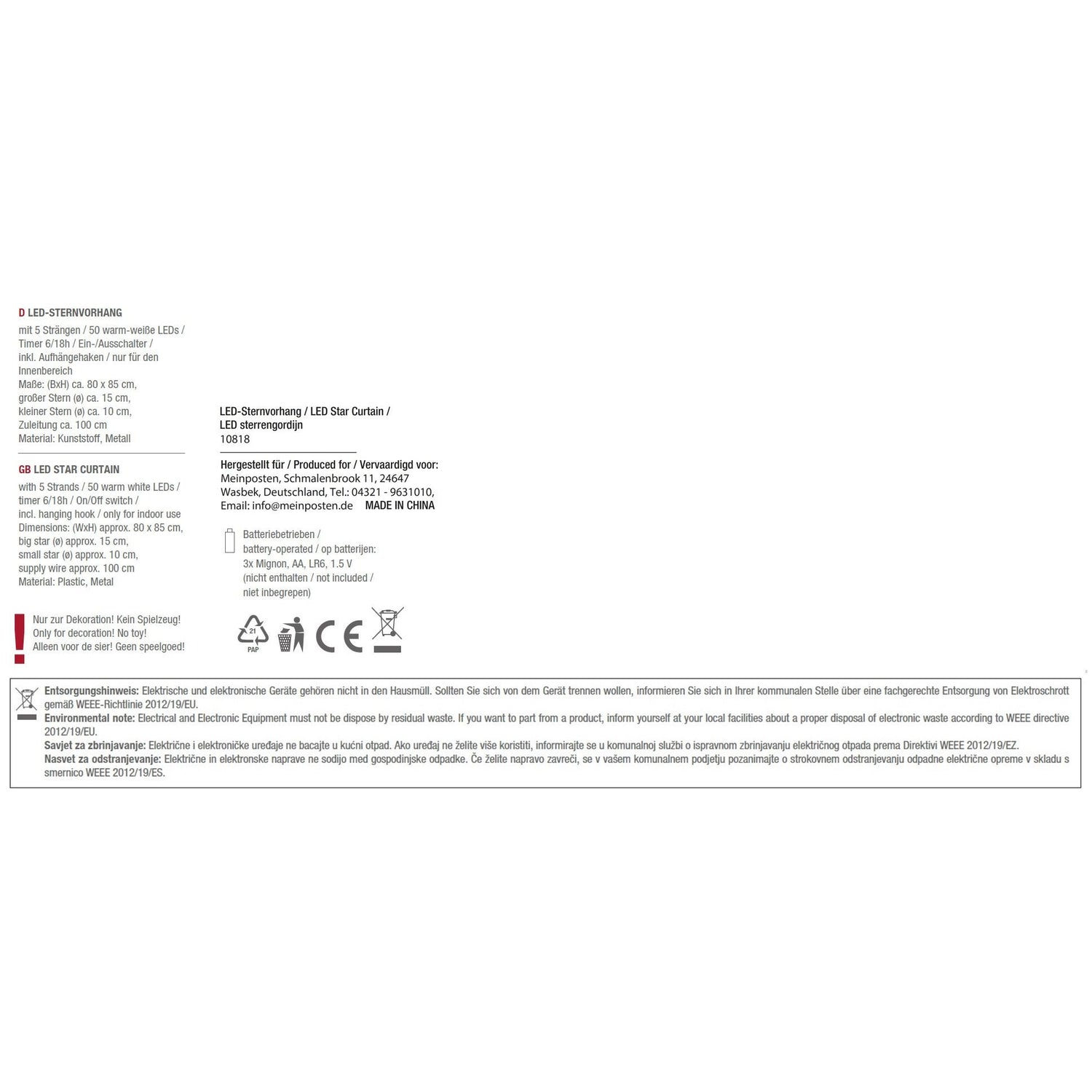 Sternenvorhang Lichterkette LED Timer Batterie 80x85 cm
