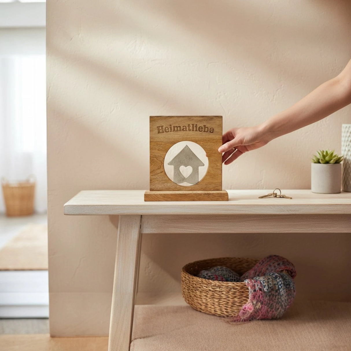 Dekoschild mit Haus Herz Mangoholz Metall Aufsteller Schild Wohnaccessoire Holz