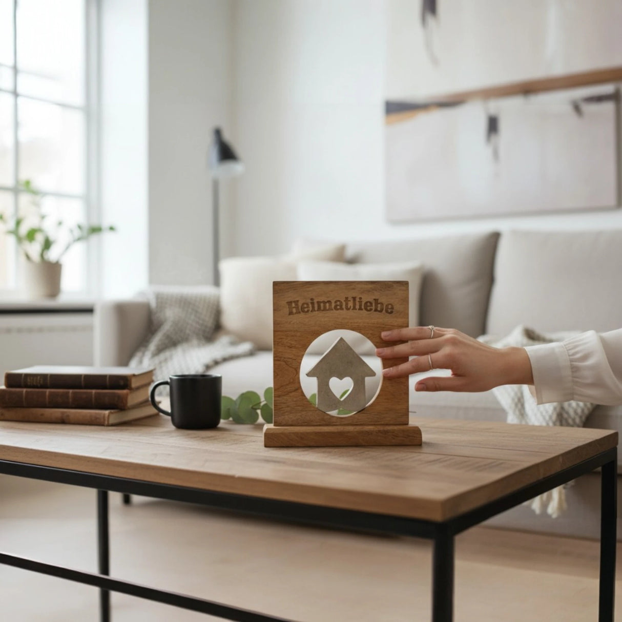 Dekoschild mit Haus Herz Mangoholz Metall Aufsteller Schild Wohnaccessoire Holz