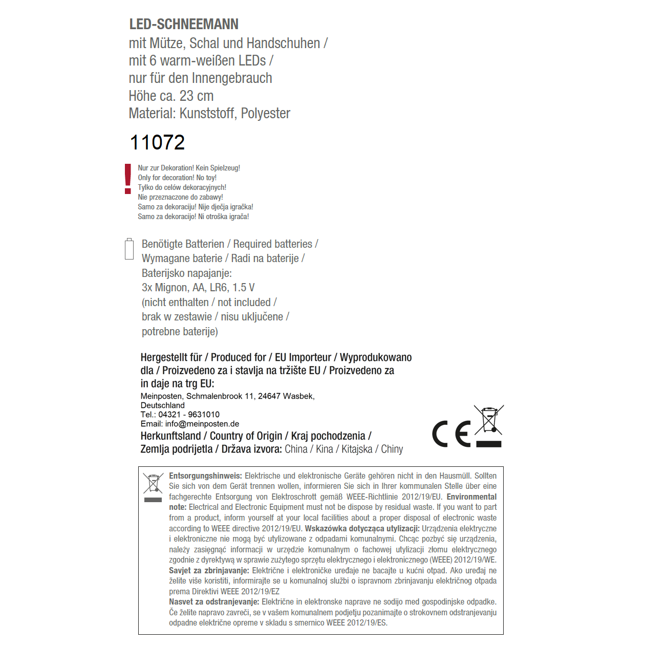 Schneemann mit warmweiß LED Beleuchtung Schal & Mütze rot Weihnachtsdeko H 20 cm