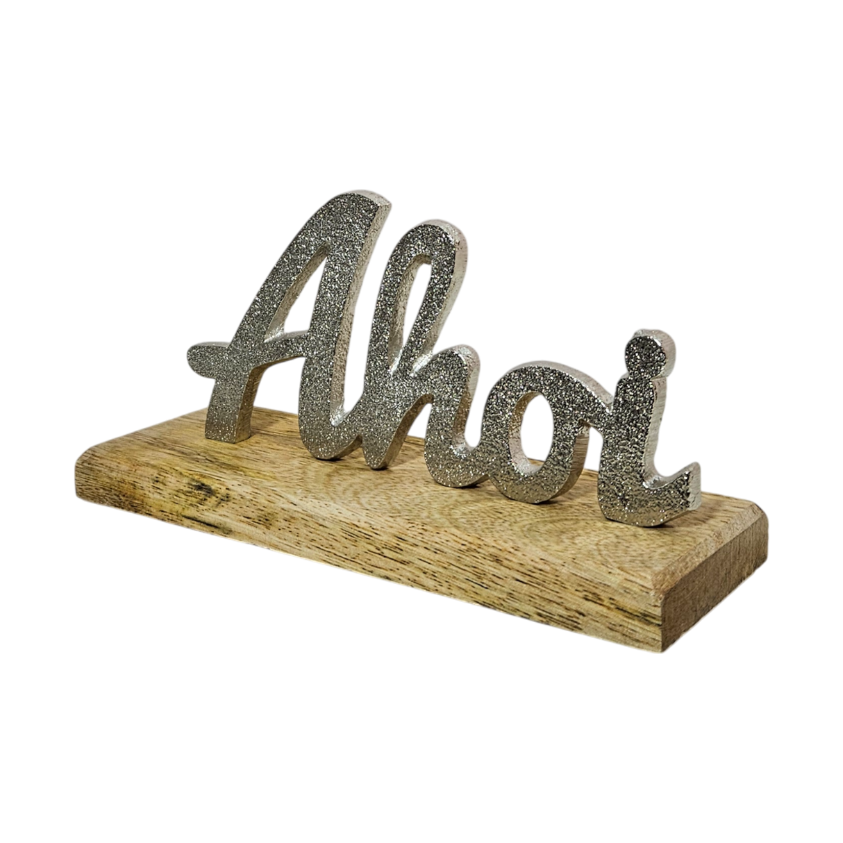 Schriftzug ahoi mit Mangoholz und Metall