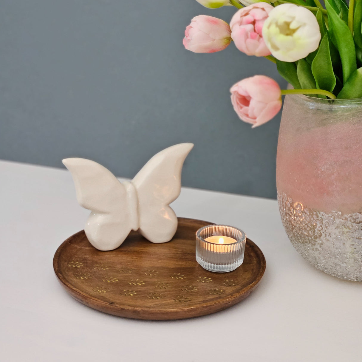 Holzteller Deko Teller Kerzenteller rund 22 o 30 cm Blattmuster braun Mangoholz dekobrett