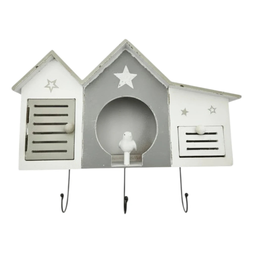 Wandgarderobe weiß Shabby Landhaus – 3 Haken, 1 Schublade, Haus & Stern Flurgarderobe