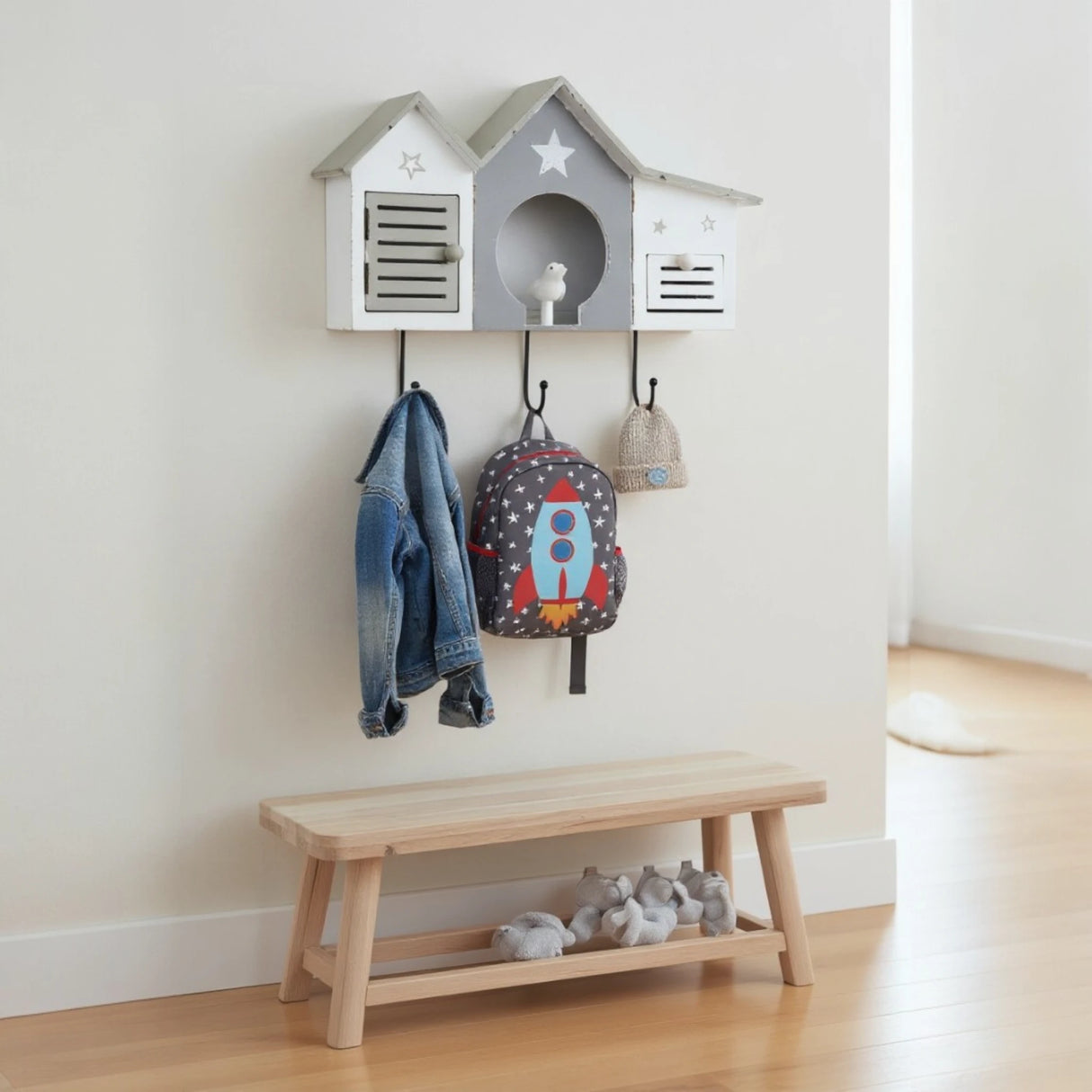 Wandgarderobe weiß Shabby Landhaus – 3 Haken, 1 Schublade, Haus & Stern Flurgarderobe