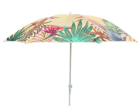 Sonnenschirm gelb mit tropischen Blättern UV-Schutz UPF 40+ Strandschirm Ø 155 c