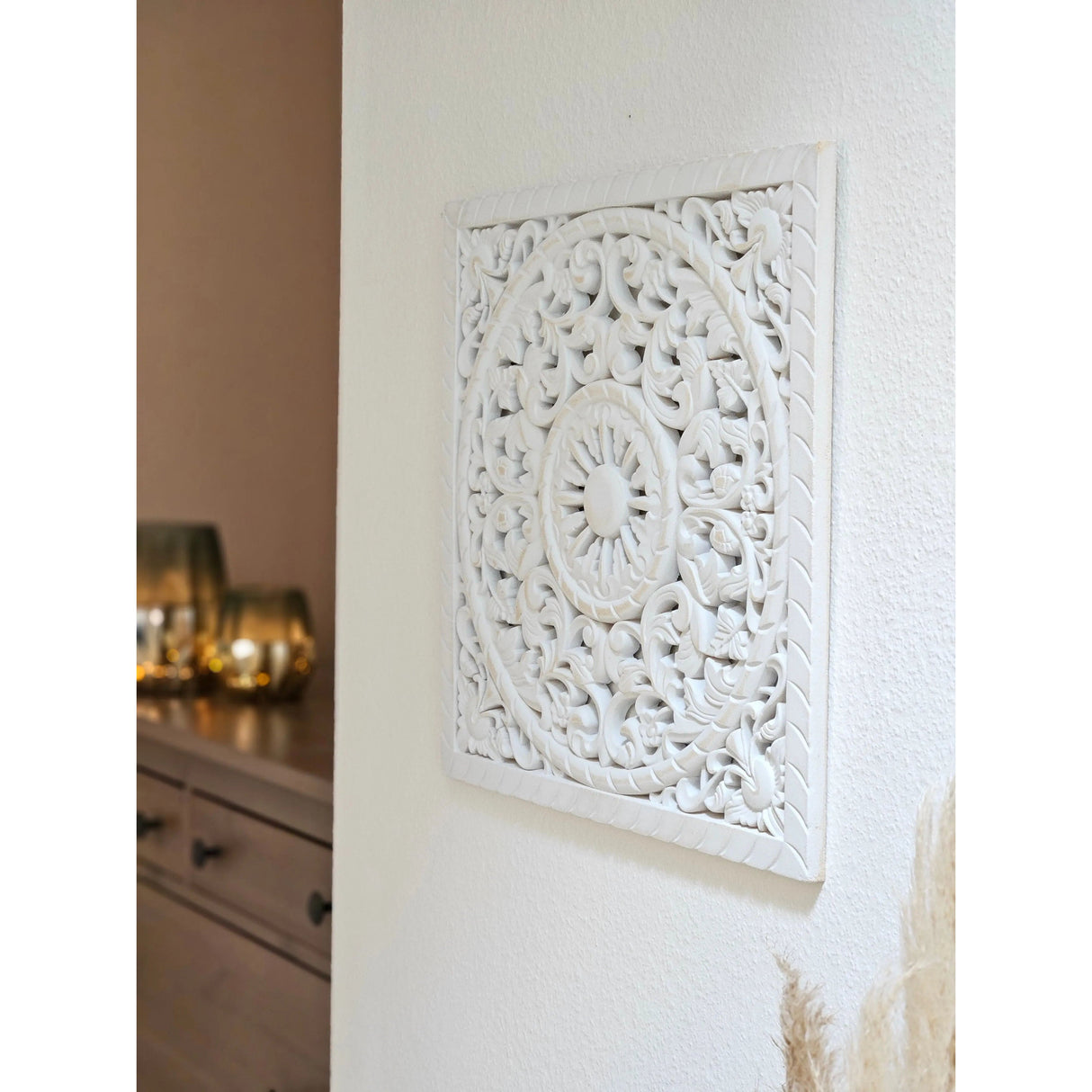 Wandornament Holz weiß 40 x 40 cm shabby Landhaus Ornament Holzornament Holzbild