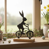 Osterhase schwarz mit Mangoholz Osterdekoration Hase Metallhase auf Fahrrad Riffelmacher