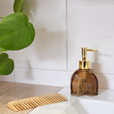 Seifenspender Retro braun beige gold Glas Pumpkopf Flüssigseifenspender 19 cm