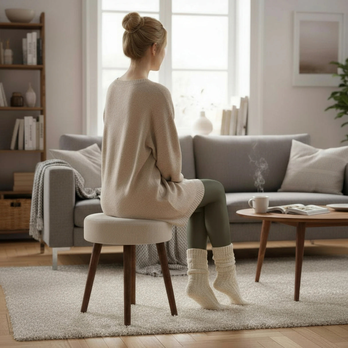 Hocker Fußhocker Polsterhocker Cord Holzbeine Sitzhocker rund beige 35x45 cm