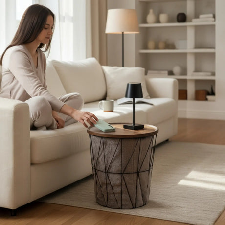 Beistelltisch Couchtisch Stauraumtisch Metalltisch mit Holzplatte Nussbaum schwarz 37x39 - Beistelltisch