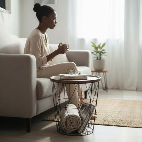 Beistelltisch Couchtisch Stauraumtisch Metalltisch mit Holzplatte Nussbaum schwarz 37x39 - Beistelltisch