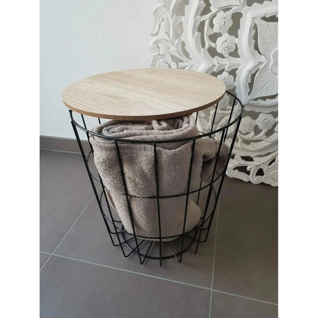 Beistelltisch Tisch mit Stauraum Ø 39 cm H=41 cm Metall/Holz Nachttisch Schwarz - Beistelltisch