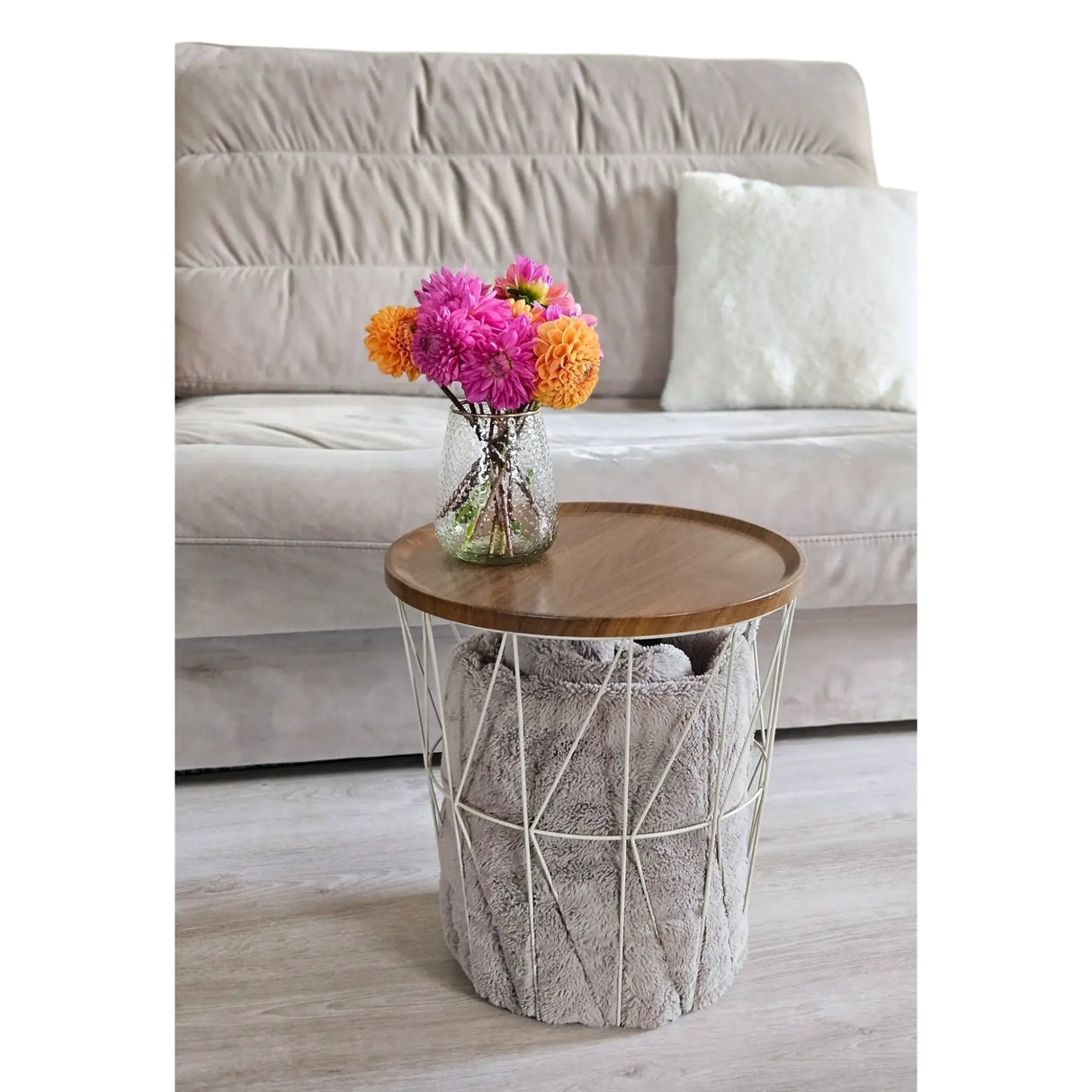 Beistelltisch warmes grau Nussbaum Rund Couchtisch 37x40 cm Metall Holz - Beistelltisch