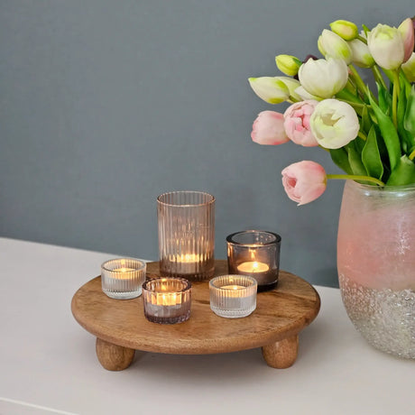 Dekoteller rund auf Füßen Kerzentablett Mangoholz 29 cm Holztablett Blumenhocker Dekorativ - Dekoteller