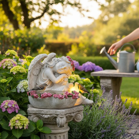 Engel Figur Gartendeko Solar Gartenfiguren Außen LED 20x21x16 Schutzengel Vogeltränke - Solarleuchte