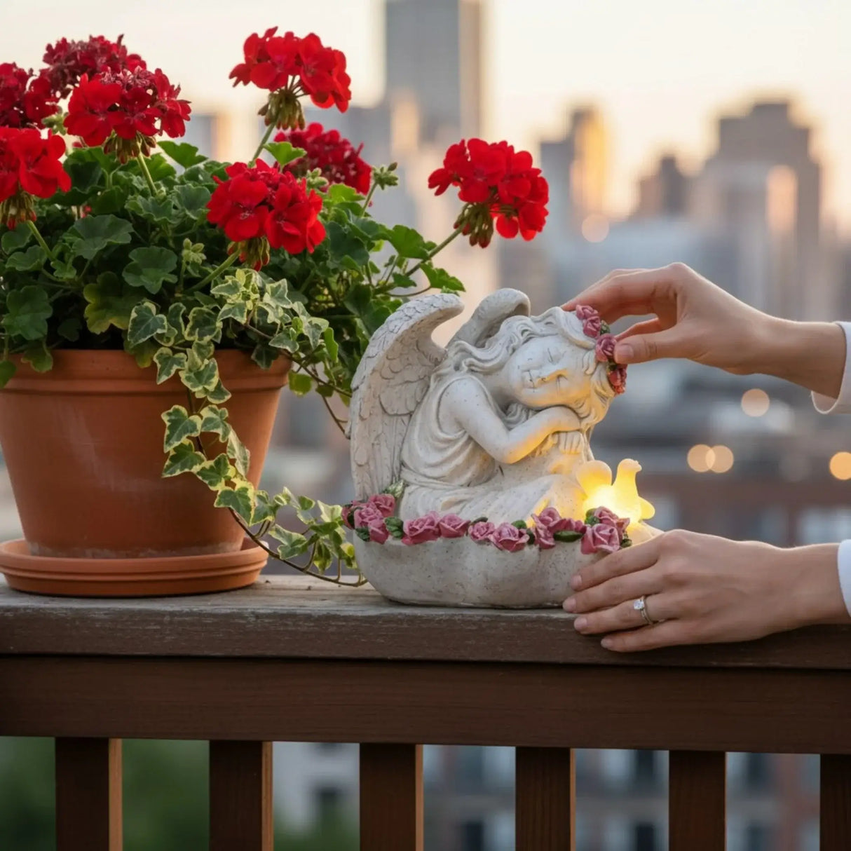 Engel Figur Gartendeko Solar Gartenfiguren Außen LED 20x21x16 Schutzengel Vogeltränke - Solarleuchte