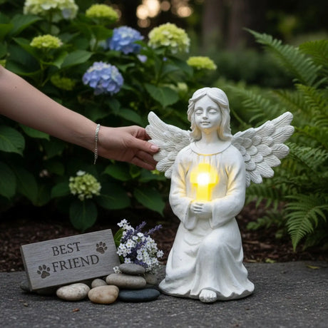 Engel Figur Gartendeko Solar Gartenfiguren Außen LED 22x16 Schutzengel Grab - Solarleuchte