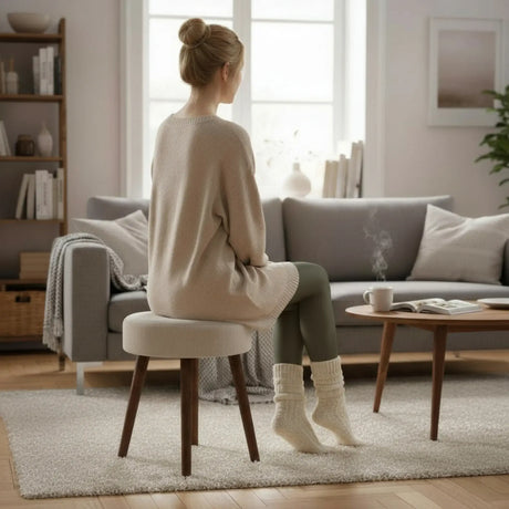 Hocker Fußhocker Polsterhocker Cord Holzbeine Sitzhocker rund beige 35x45 cm - Hocker