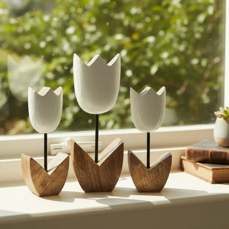 Holzblumen Dekoration aus Mangoholz 5er Set – Deko Blumen aus Holz 14–18 cm - Blumen