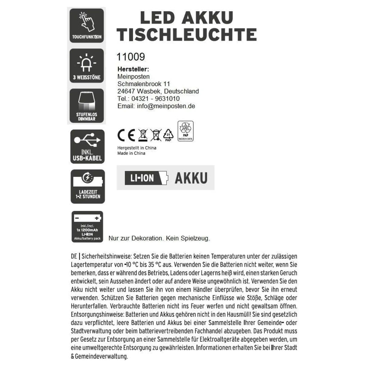 Lampe LED ohne Kabel Touch Tischleuchte Tischlampe Leuchte kabellos dimmbar - Lampe