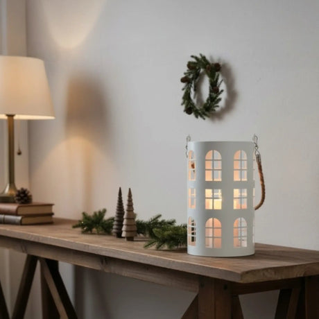 Laterne XXL Windlicht rund Haus schwarz weiß 40 cm Metall Kerzenhalter Industrial - Laterne Windlicht