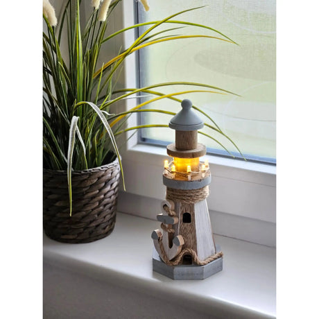 Leuchtturm beleuchtet Holz LED Deko Dekoration Maritim Anker Strand Meer H 24 cm - Leuchtturm
