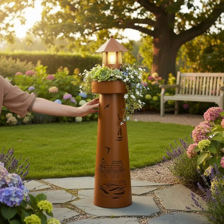 Leuchtturm LED Rostoptik Pflanzturm Pflanzschale Maritim Gartenbeleuchtung 80x20 cm - Leuchtturm