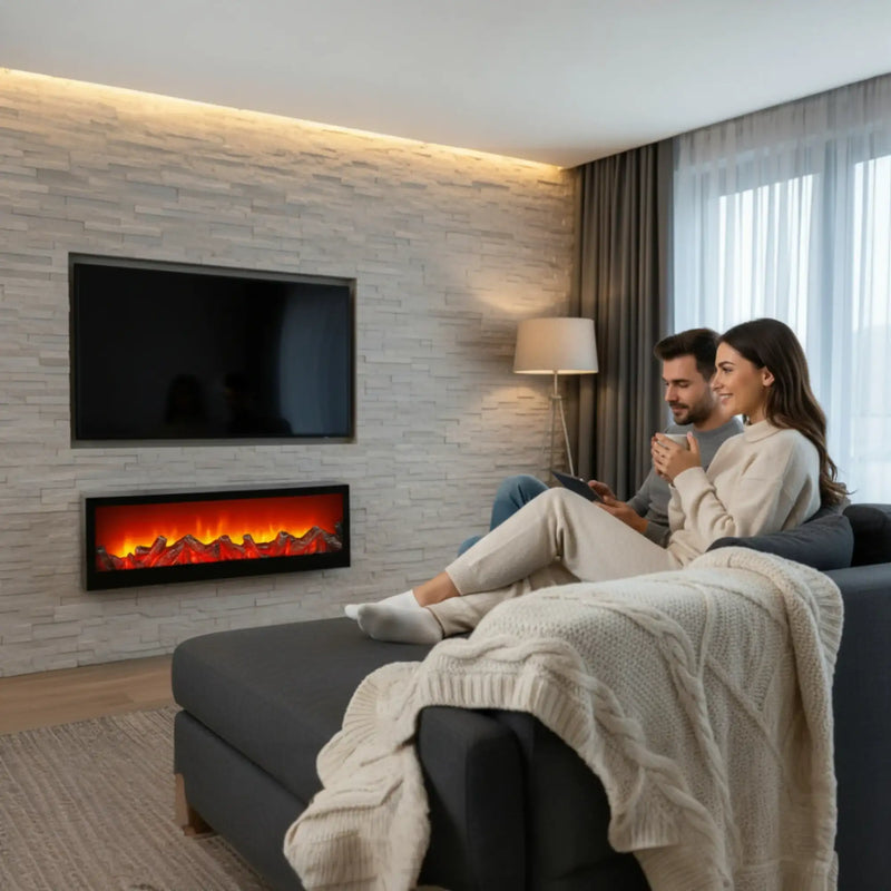 Moderne elektrische Kamin mit realistischem Orange- und Rot-Flammeneffekt, schlankem schwarzen Rahmen, montiert an einer steintexturierten Wand.