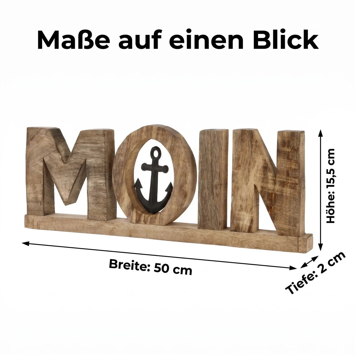 Moin Schriftzug 50 cm aus Mangoholz mit Anker – maritime Deko - Aufsteller